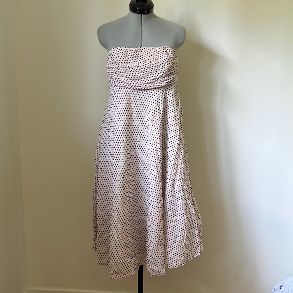 Strapless White Dress with Red and Blue Polka Dots